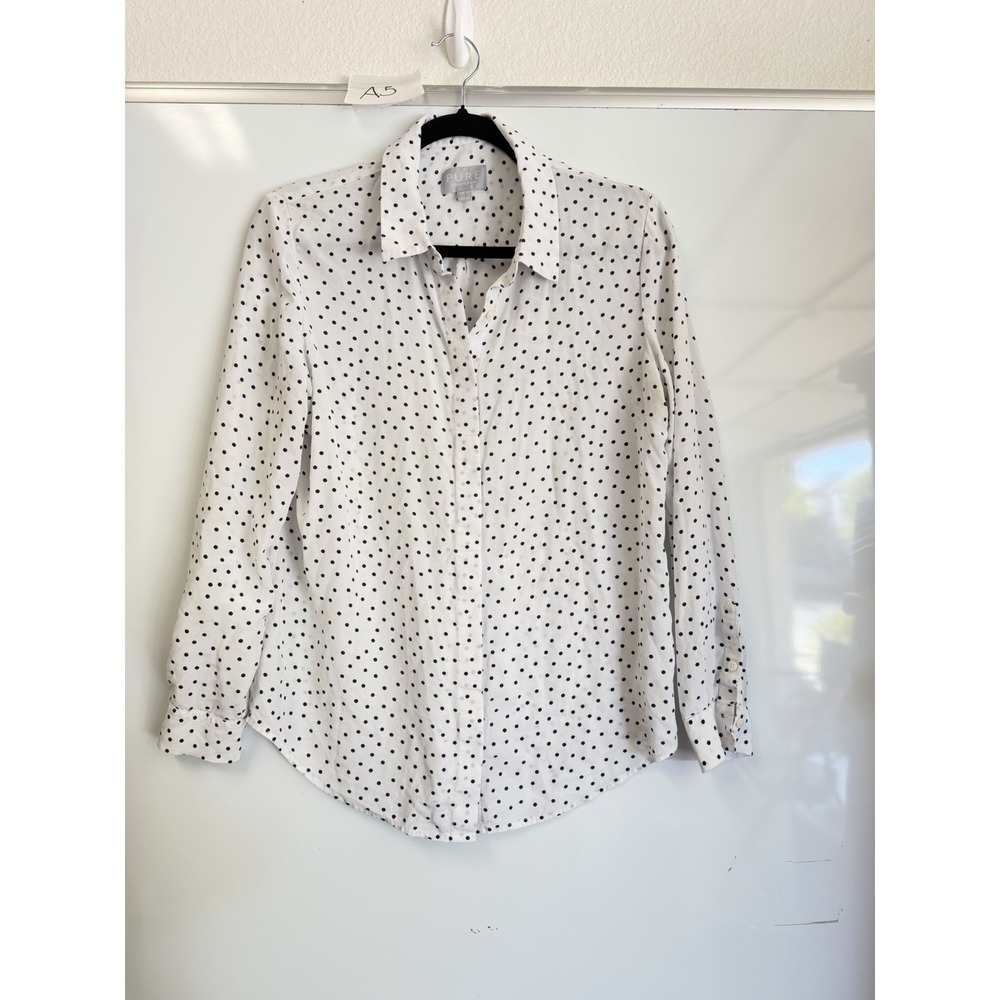 Pure C. Silk Womens Long Sleeve Button Down Shirt White Black Polka Dot Size